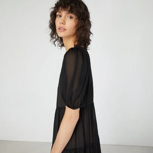 Oak + Fort Puff Sleeve Tiered Midi Maxi Dress Size Large Black - Picture 4 of 14